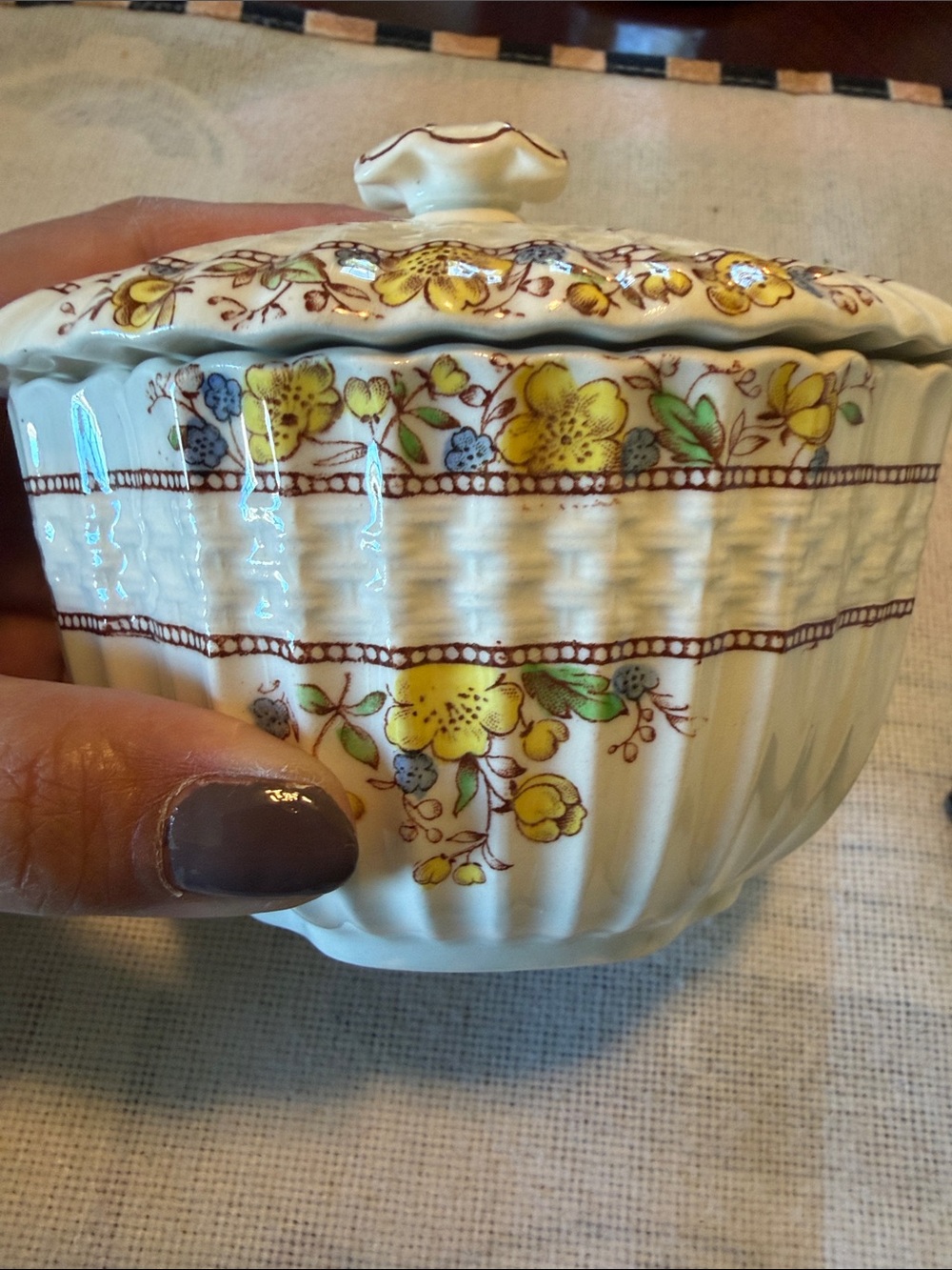 Cream Ceramic Lidded Sugar Bowl with Yellow Floral Motif
